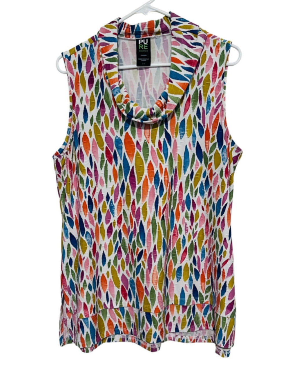 PURE Essence Sleeveless Cowl Neck Top Large Vibrant Confetti Abstract Leaf Print
